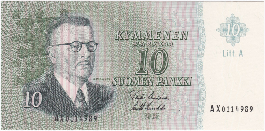 10 Markkaa 1963 Litt.A AX0114989 kl.8-9